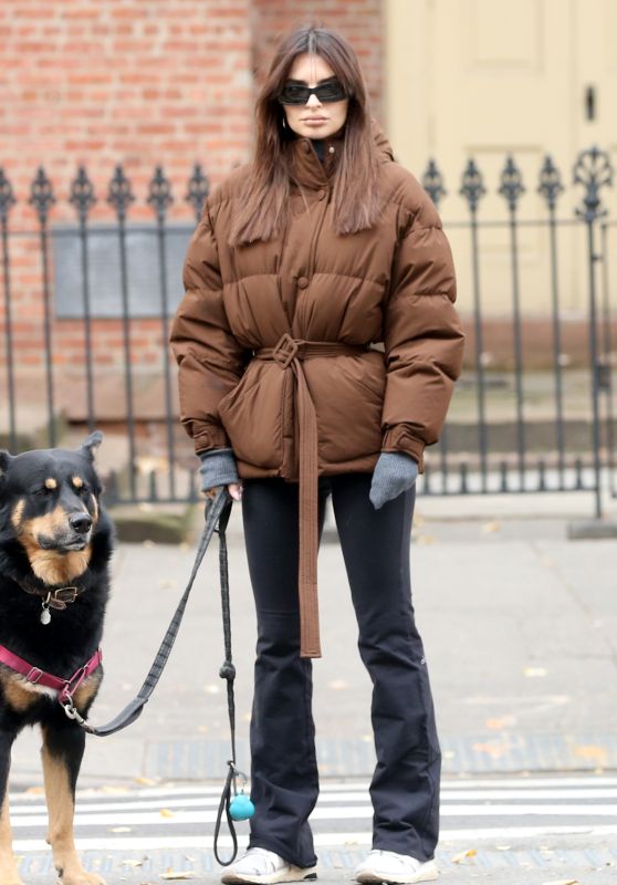 Emily Ratajkowski in a Brown Puffer Coat and Black Pants in New York ...