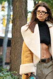 Emily Ratajkowski in a Fleece-lined Calfskin Coat, Black Crop Top and Khakis in New York City 11/12/2023