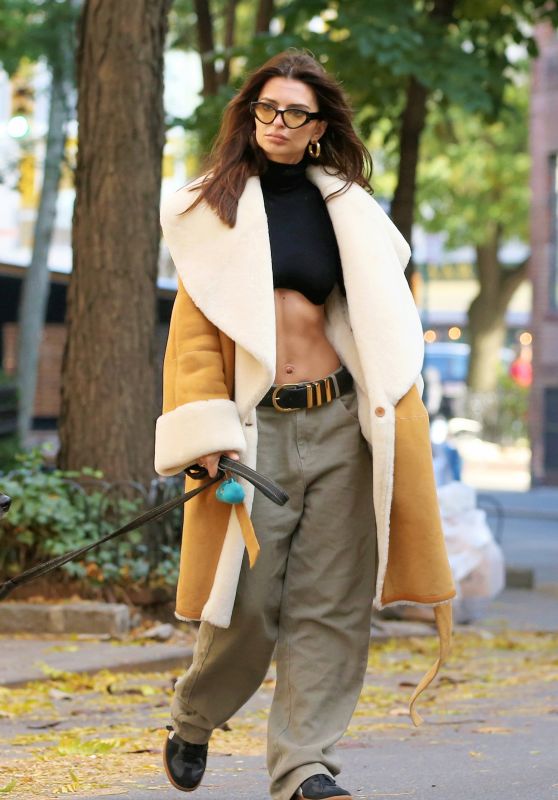 Emily Ratajkowski in a Fleece-lined Calfskin Coat, Black Crop Top and Khakis in New York City 11/12/2023