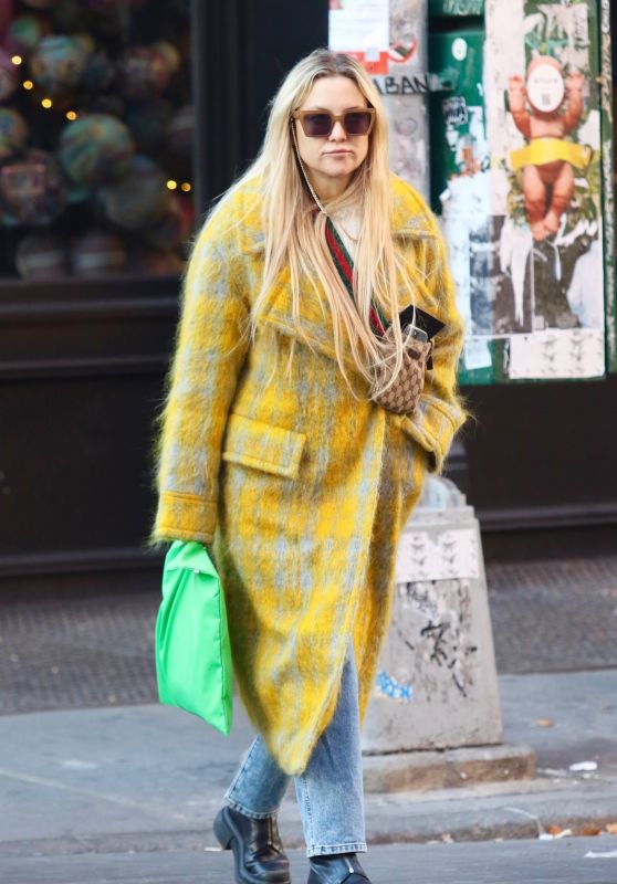 Kate Hudson in a Vibrant Patterned Yellow Coat in NYC 11/14/2023