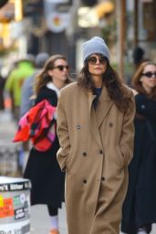 Katie Holmes in a Long Tan Coat and a Gray Beanie in New York 11/15/2023