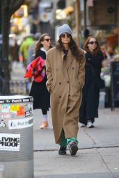 Katie Holmes in a Long Tan Coat and a Gray Beanie in New York 11/15/2023