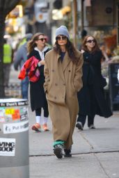 Katie Holmes in a Long Tan Coat and a Gray Beanie in New York 11/15/2023