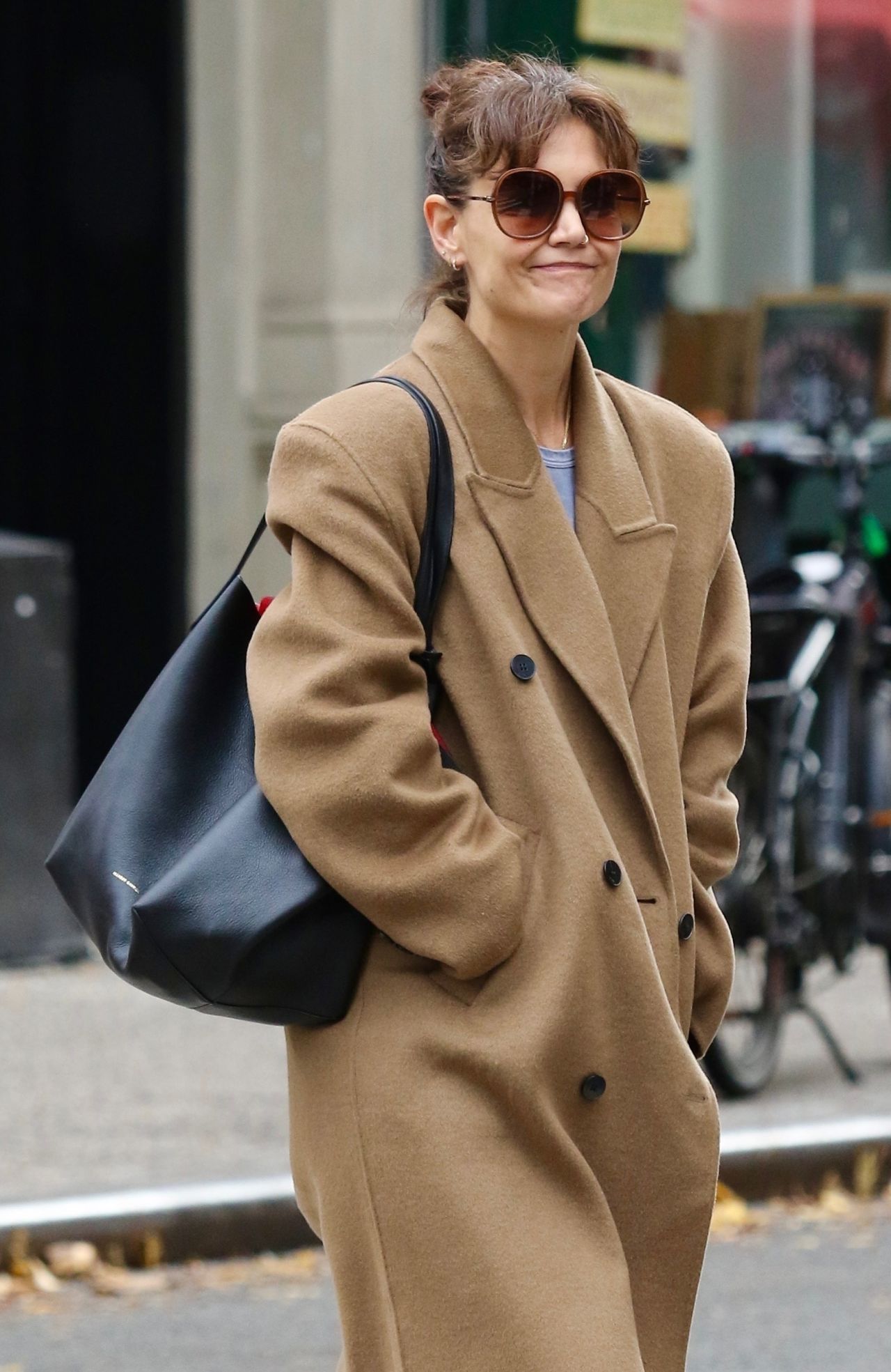 Katie Holmes in a Stylish Long Brown Coat - Manhattan 11/22/2023 ...