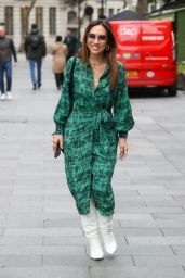 Myleene Klass Wearing Green High Split Dress and Heels in London 11/20/2023