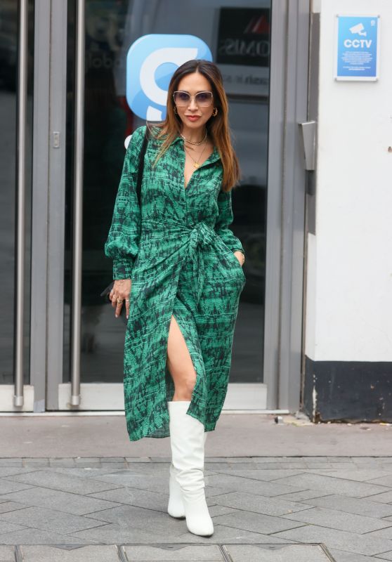 Myleene Klass Wearing Green High Split Dress and Heels in London 11/20/2023