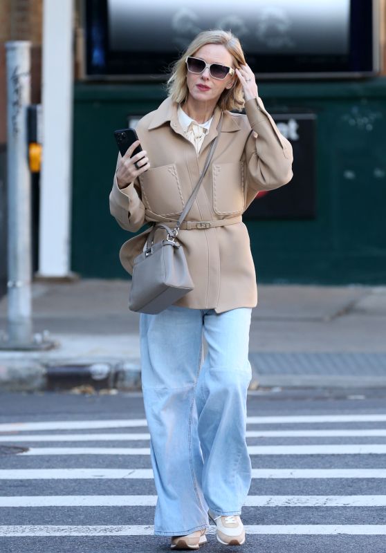 Naomi Watts in a Cream Fendi Jacket, Fendi Peekaboo Handbag, Jeans and Sneakers in NYC 11/19/2023