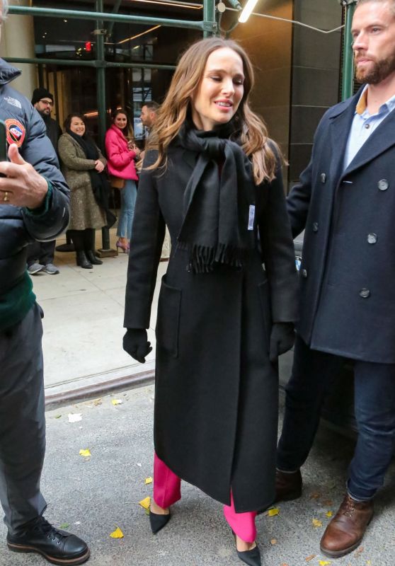 Natalie Portman in a Black Coat and Pink Pants in New York City 11/29/2023