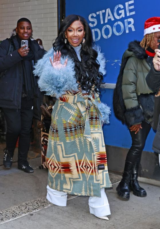 Brandy Wears a Multi-colored Fur Coat - GMA in New York 12/22/2023