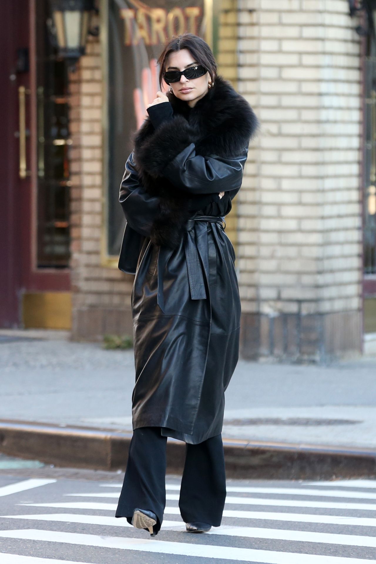 Emily Ratajkowski in a Full-length Leather Coat in New York 12/20/2023 ...