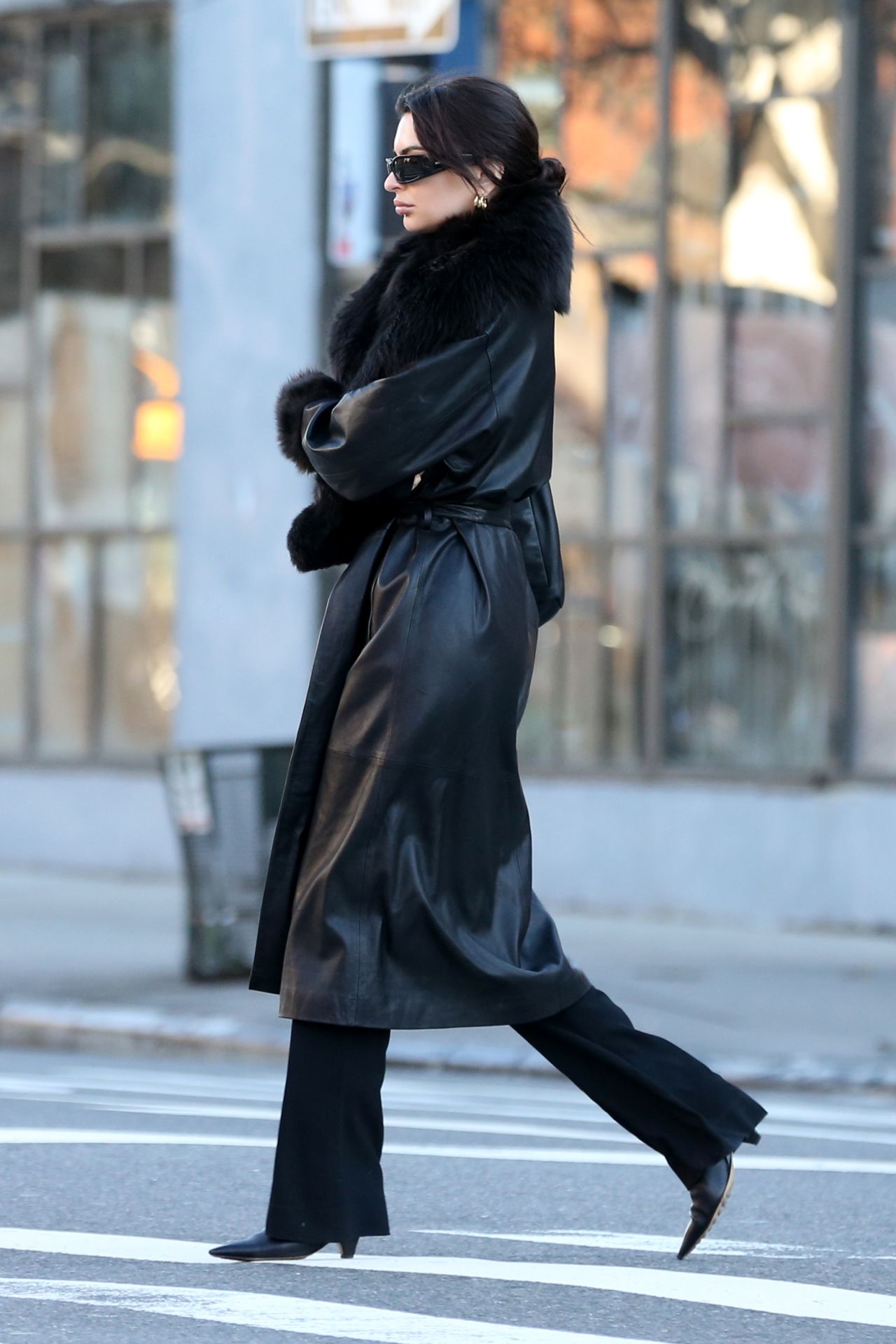 Emily Ratajkowski in a Full-length Leather Coat in New York 12/20/2023 ...