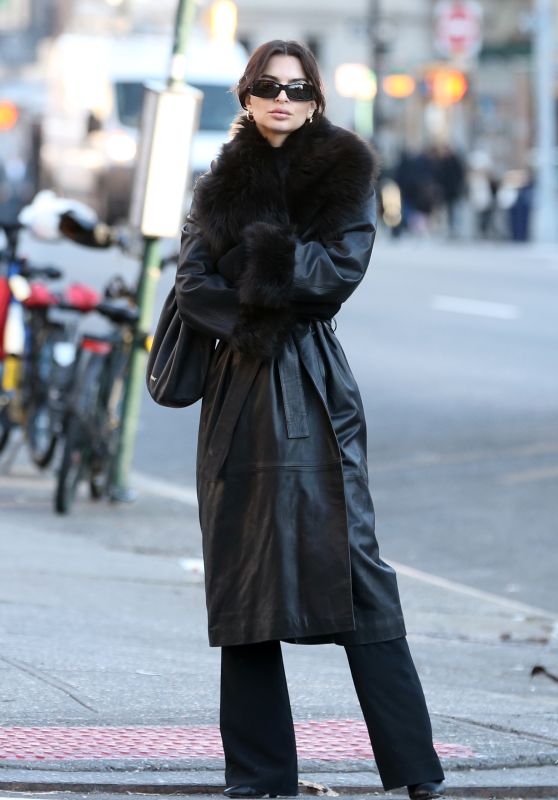 Emily Ratajkowski in a Full-length Leather Coat in New York 12/20/2023