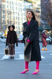 Emily Ratajkowski in a Pink Outfit Filming a "Maybelline" Commercial in Manhattan 12/14/2023