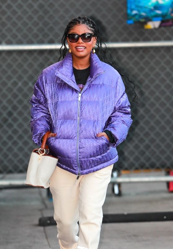 Halle Bailey in a Purple Puffer Jacket Arrives on Jimmy Kimmel Live! in Hollywood 12/07/2023