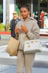 Jasmine Tookes Wears a Meshki Sweatsuit - Christmas Shopping in Beverly Hills 12/22/2023