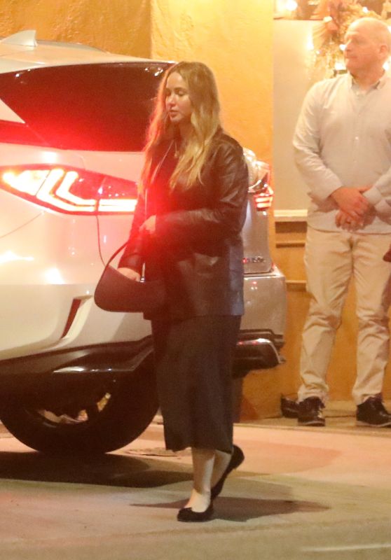 Jennifer Lawrence in a Black Leather Jacket and Skirt in Los Angeles 12/29/2023