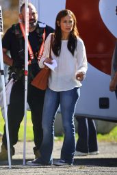 Jennifer Lopez in a Cream Blouse and Denim - "Unstoppable" Set at a Park in Downtown LA 12/15/2023