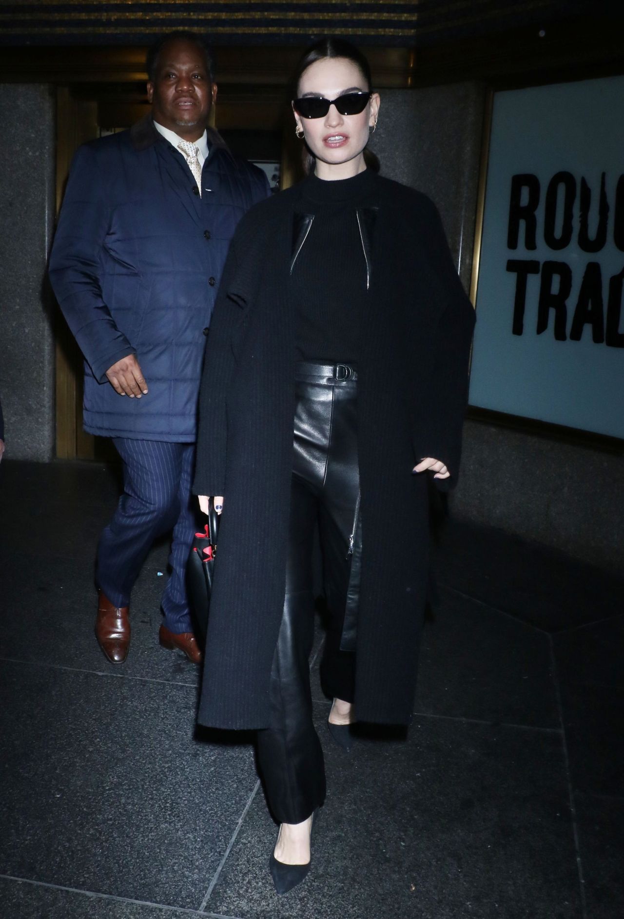 Lily James in Black Leather and a Long Black Overcoat at The Kelly ...
