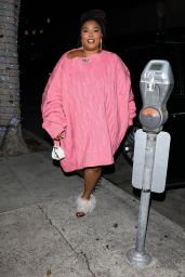 Lizzo in a Bright Pink Sweater Dress at Mr Chow in Beverly Hills 12/23/2023