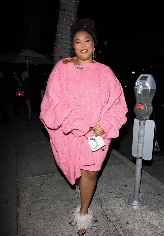 Lizzo in a Bright Pink Sweater Dress at Mr Chow in Beverly Hills 12/23/2023