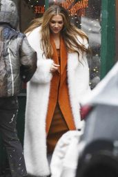 Allison Holker in White Fur Coat and Brown Leather Dressat at Rubirosa Ristorante in New York 01/16/2024