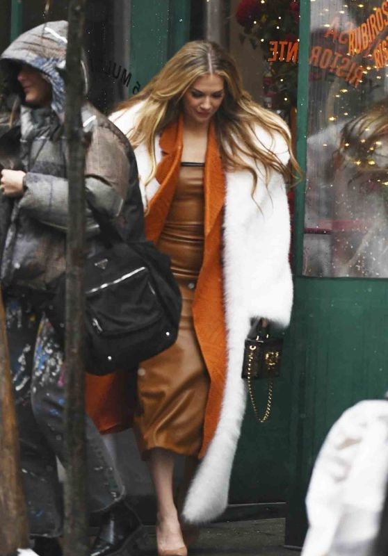 Allison Holker in White Fur Coat and Brown Leather Dressat at Rubirosa Ristorante in New York 01/16/2024