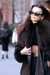 Emily Ratajkowski in a Crop Top, Pants and Leather Coat in New York City 01/10/2024