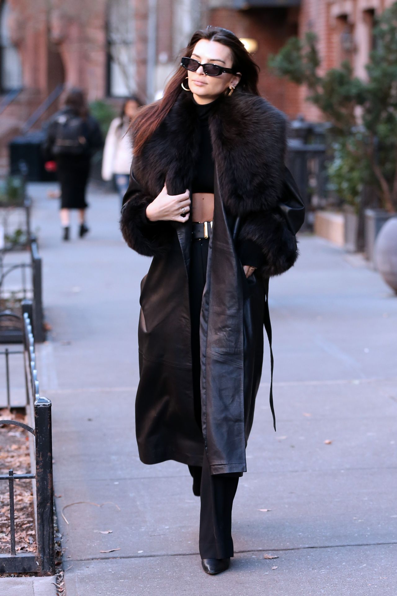 Emily Ratajkowski in a Crop Top, Pants and Leather Coat in New York ...