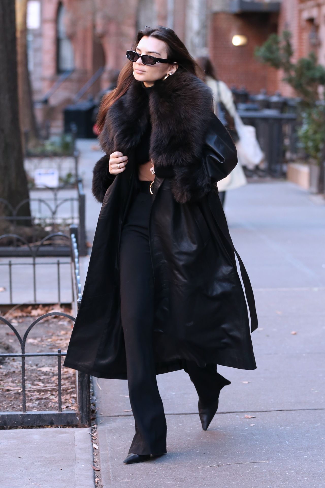 Emily Ratajkowski in a Crop Top, Pants and Leather Coat in New York ...