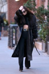 Emily Ratajkowski in a Crop Top, Pants and Leather Coat in New York City 01/10/2024