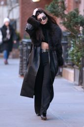 Emily Ratajkowski in a Crop Top, Pants and Leather Coat in New York City 01/10/2024