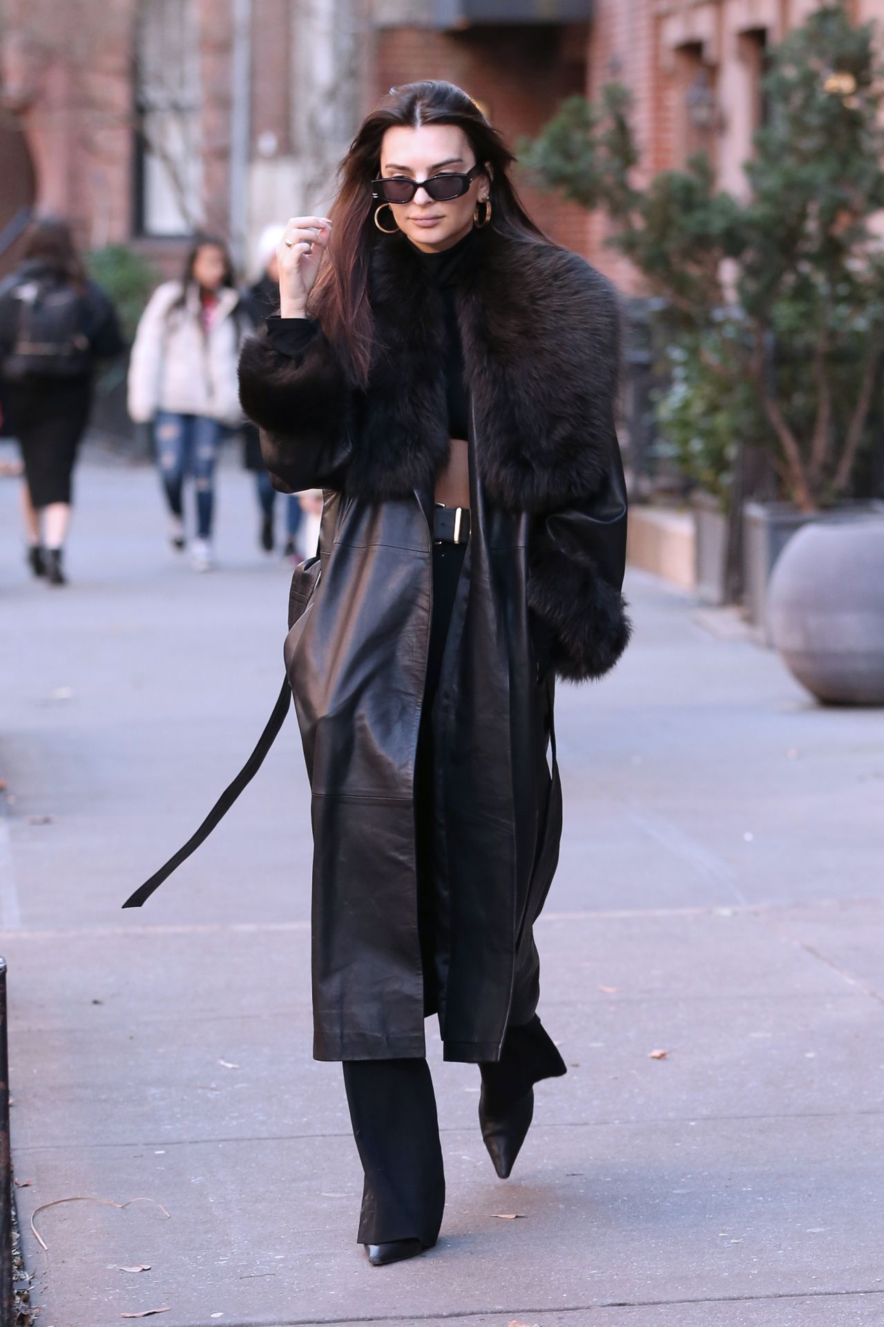 Emily Ratajkowski in a Crop Top, Pants and Leather Coat in New York ...