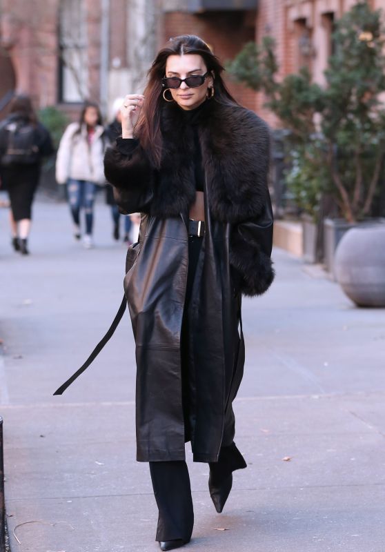 Emily Ratajkowski in a Crop Top, Pants and Leather Coat in New York City 01/10/2024