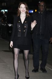 Emma Stone in Navy Blue Dress at CBS Studios for Late Show Appearance in Manhattan 01/30/2024