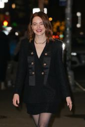 Emma Stone in Navy Blue Dress at CBS Studios for Late Show Appearance in Manhattan 01/30/2024
