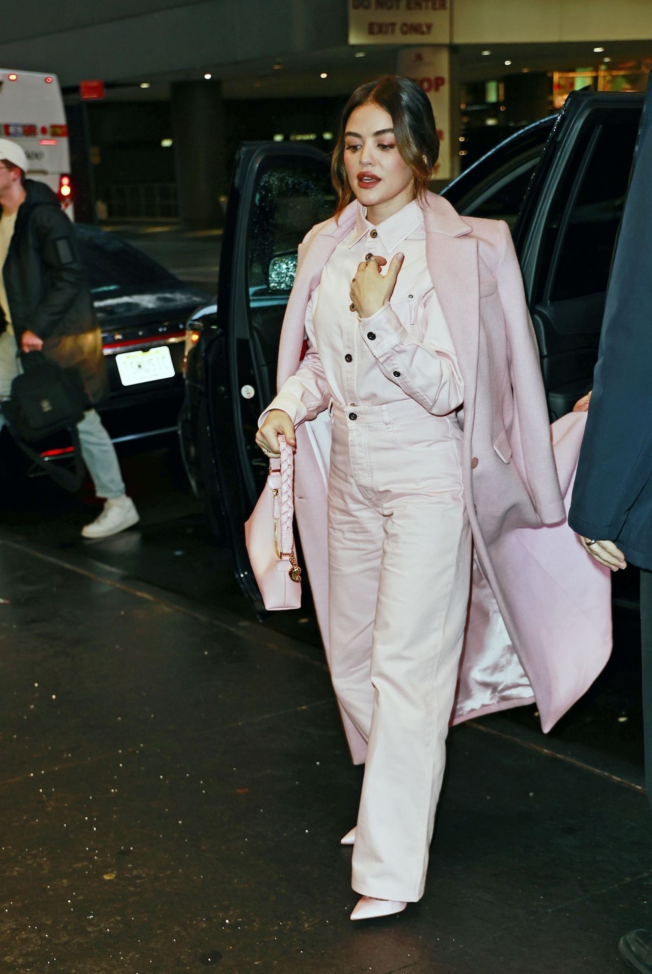 Lucy Hale Wears a Pink Outfit Arriving at the CBS Morning Show in New