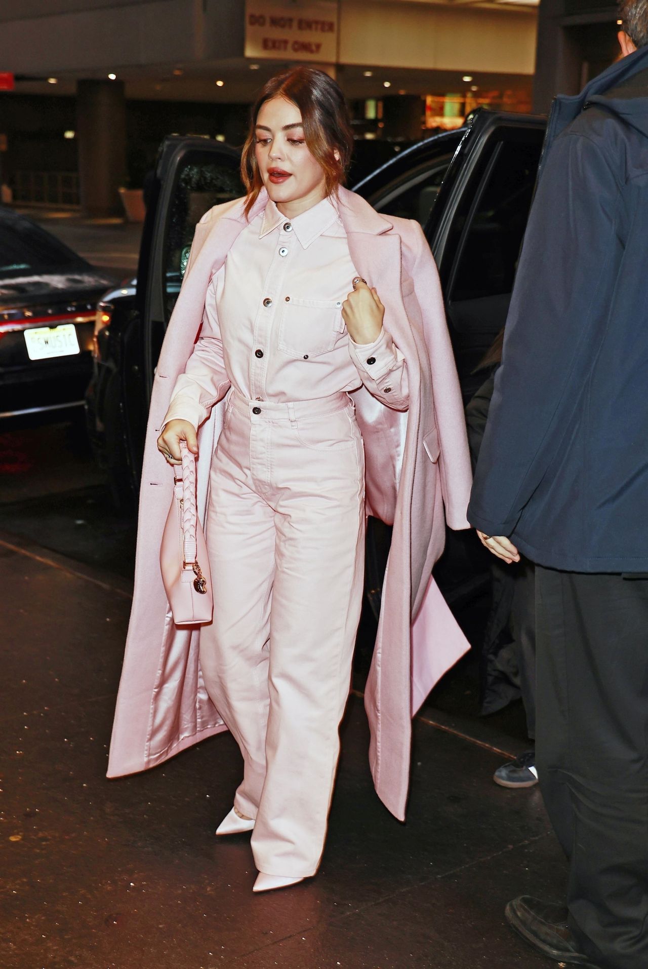 Lucy Hale Wears a Pink Outfit Arriving at the CBS Morning Show in New