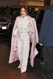 Lucy Hale Wears a Pink Outfit Arriving at the CBS Morning Show in New York 01/16/2024