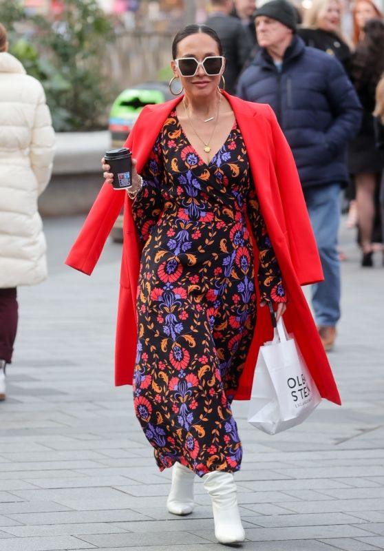 Myleene Klass in a High Split Print Dress and White Leather Boots at Smooth Radio in London 01/27/2024