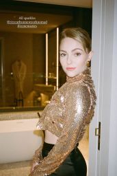 AnnaSophia Robb Wearing a Gold Sequins Blouse and Black Skirt 02/01/2024