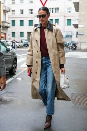 Bruna Marquezine Street Style - Sporting a Bottega Veneta Coat and Bag in Milan 02/24/2024