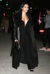 Camila Mendes in a Leather Coat With a Black Dress in New York City 02/07/2024