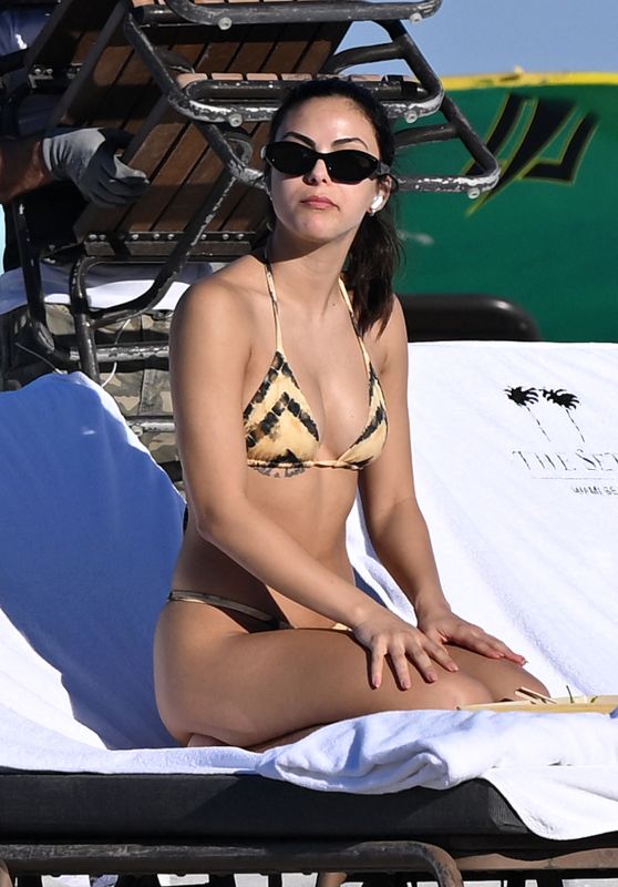 Camila Mendes in a Striped Bikini in Miami 01/31/2024