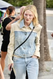 Cate Blanchett in a Double Denim Ensemble Arrives at HOTA on the Gold Coast 02/09/2024