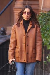 Emily Ratajkowski in a Leather Jacket, Skinny jeans, and Burgundy Booties in NYC 02/08/2024