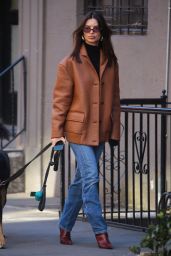 Emily Ratajkowski in a Leather Jacket, Skinny jeans, and Burgundy Booties in NYC 02/08/2024