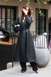 Emily Ratajkowski in a Long Black Leather Coat in NYC 02/11/2024
