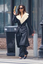 Emily Ratajkowski in a Maxi Black Leather Jacket and Matching Trousers in New York 02/23/2024