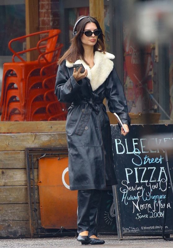 Emily Ratajkowski in a Maxi Black Leather Jacket and Matching Trousers in New York 02/23/2024