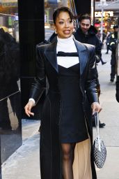 Liza Koshy in a Leather Coat and Pump Shoes at the GMA Show in New York 02/16/2024